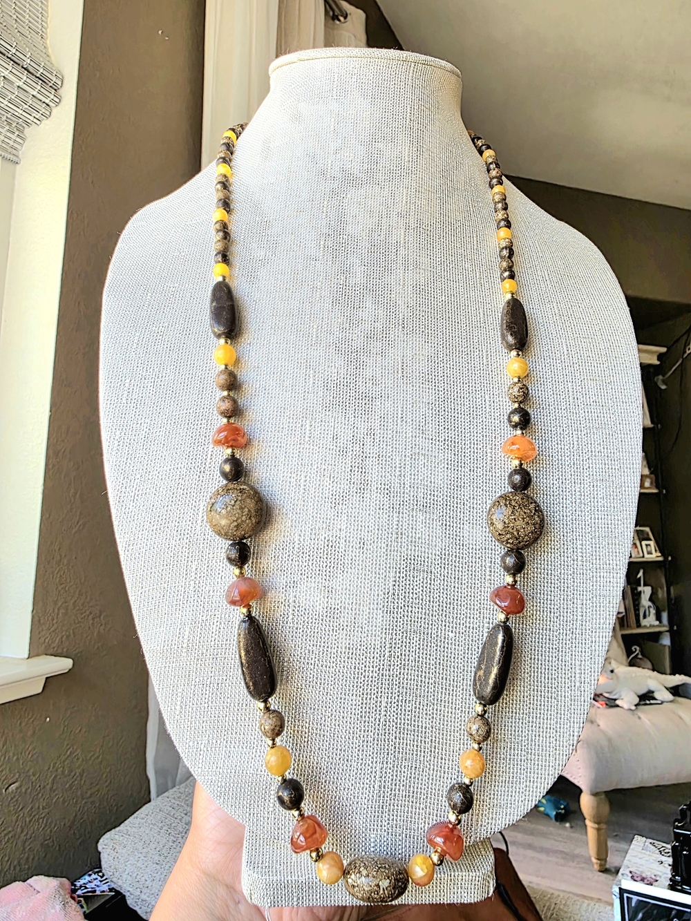 Vintage Handcrafted Stone Statement Necklace 36” Rope - Picture 2 of 6